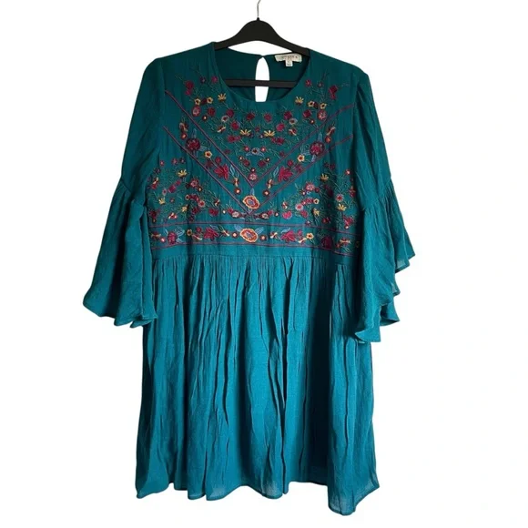 Umgee Teal Floral Embroidered Long Sleeve Dress XL - Picture 1 of 7
